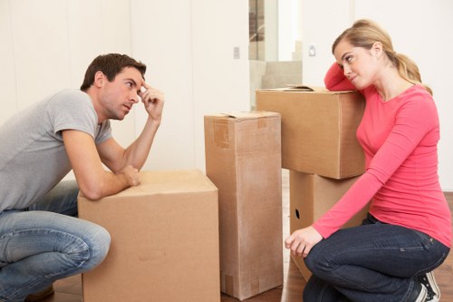Removalists carrying household items through a residential property